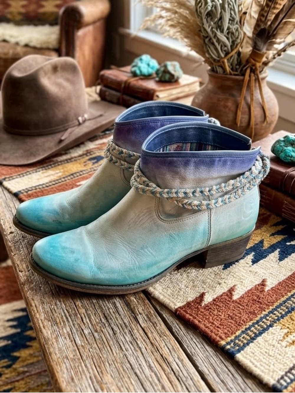 Felmini Turquoise Ombré Leather Western Boho Ankle Boots - Size 41